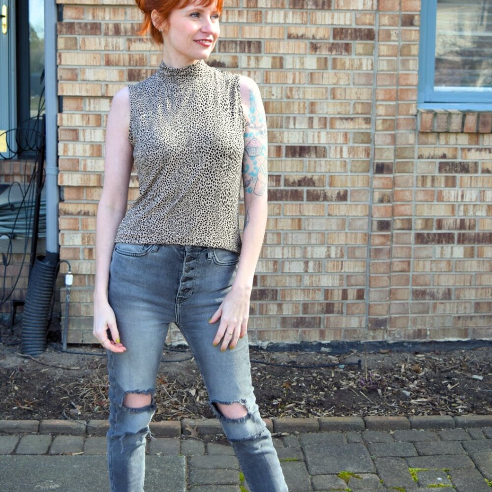 Leopard Print Mock Neck Tank Top